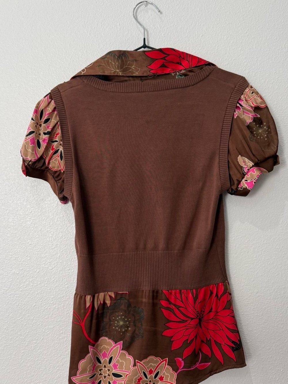 Y2K Baby Doll silk floral empire waist office siren Bebe brown silk blouse - Picture 5 of 8